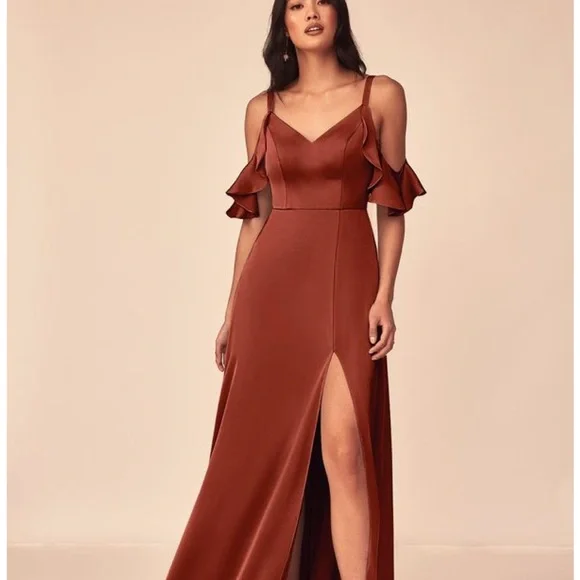 cover up for bridesmaid dress Fitted Cold Shoulder Satin Gown by Elizabeth K GL3060 – ABC Fashion main image 0